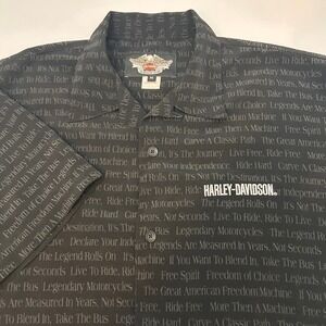Harley Davidson Mens L Black Short Sleeve Button Up‎ All Over Word Print Shirt
